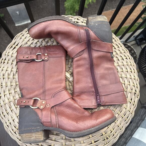 Merrell Shiloh Peak Women's 7 Brown Leather Stacked Heel Motorcycle Boots - Picture 1 of 16